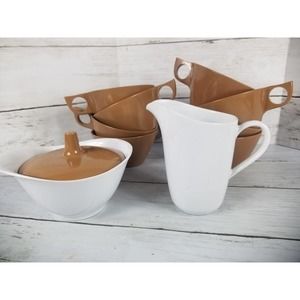 Vintage 8 Texas Ware Plastic Cups Mugs Coffee Brown Color Creamer & Sugar Dish